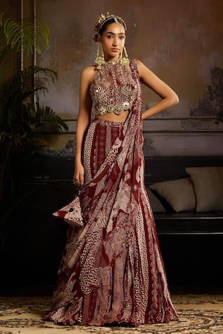Diyarajvvir Maroon Printed Draped Skirt Saree Set 