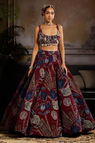 Diyarajvvir Leaf Print Wine Lehenga & Embellished Blouse 