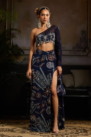 Diyarajvvir Leaf Vine Print Slit Lehenga With One Shoulder Draped Blouse 