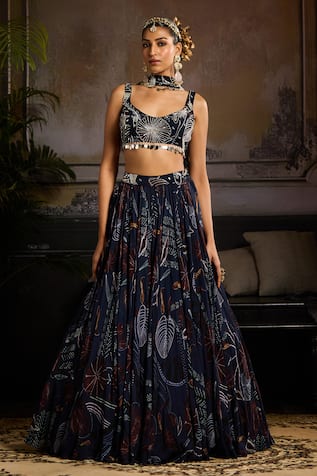 Diyarajvvir Leafy Print Lehenga Sequin Tasselled Blouse Set 