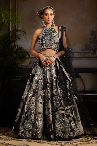 Diyarajvvir Abstract Jaal Print Lehenga Halter Neck Blouse Set 