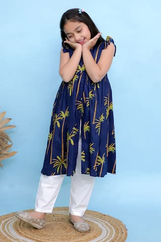 Navy Palm Tree Print Cape Kurta Set 