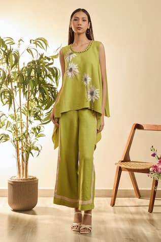 Babita Malkani Soft Bloom Floral Embroidered Asymmetric Top With Pant 