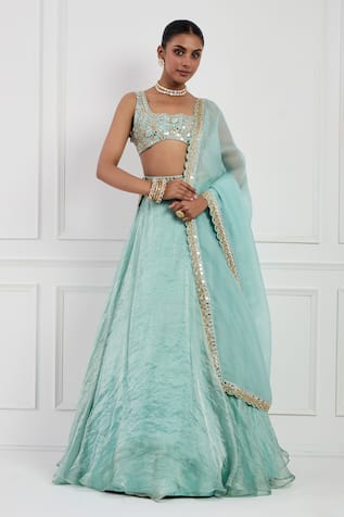 Neha Khullar Sky Blue Mirror Embroidered Lehenga Set 