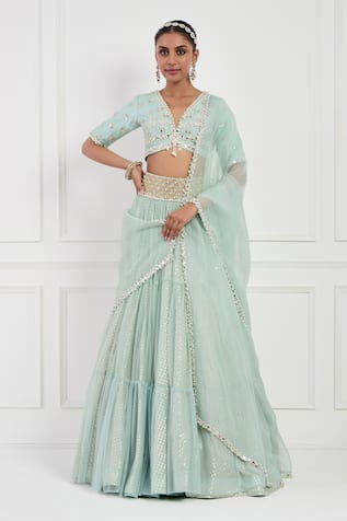 Neha Khullar Pearl Embroidered Tiered Lehenga Set 