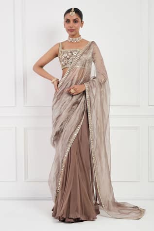 Neha Khullar Floral Embroidered Mocha Pre-Draped Saree 