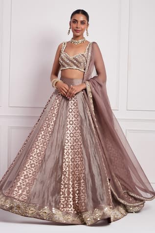 Neha Khullar Mocha Mouse Geometric Woven Lehenga Set 