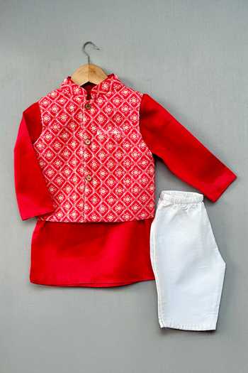 Label Neeti Red Jaal Print Bundi Kurta Set 
