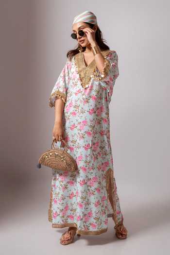 Maison Shefali Floral Vine Print Aqua Green Kaftan Dress 