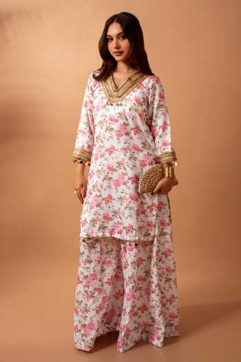 Maison Shefali Floral Vine Print Straight Kurta With Sharara 