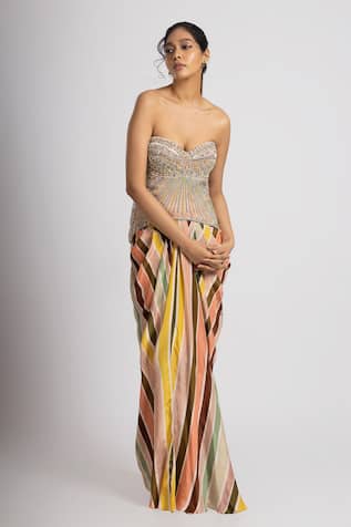 Crystal Corset & Striped Draped Skirt Set 