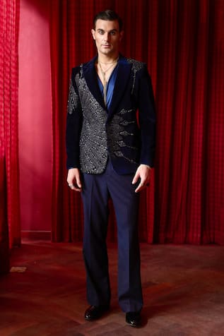 Asuka Deep Blue Leather Patchwork Tuxedo Set 