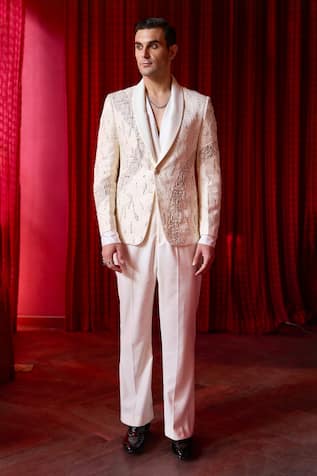 Asuka White Cutdana Embroidered Tuxedo & Trouser Set 