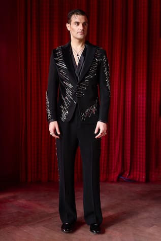 Bead Embroidered Black Tuxedo & Trouser Set 