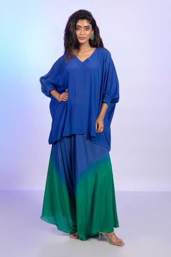 Vishwa By Pinki Sinha Blue Kaftan Top & Ombre Draped Pant Set 