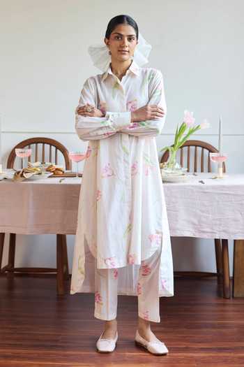 Juanita By Shubhda Ivory Tulip Print Shirt Tunic & Pant Set 