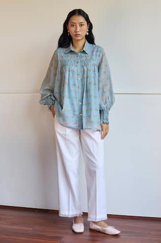 Juanita By Shubhda Floral Print Chanderi Smocked Shirt 