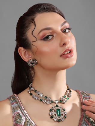 Double Layered Zircon Green Stone Necklace Set 