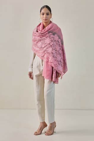 Pink Floral Lace Pashmina Stole 