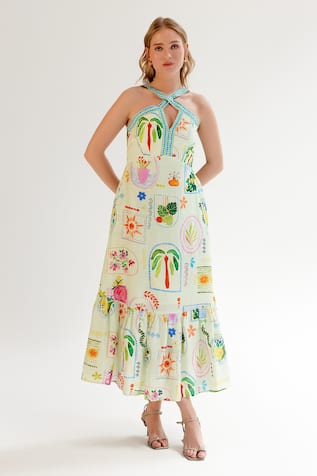 NOIB Sea Green Postcard Print Midi Dress 