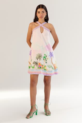 NOIB Multi Color Halter Neck Placement Print Dress 