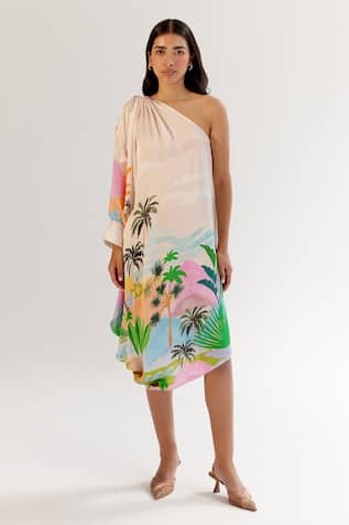 NOIB By The Sea Print Asymmetric Midi Dress 