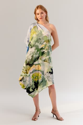 NOIB Multi Color Asymmetric Forest Print Dress 