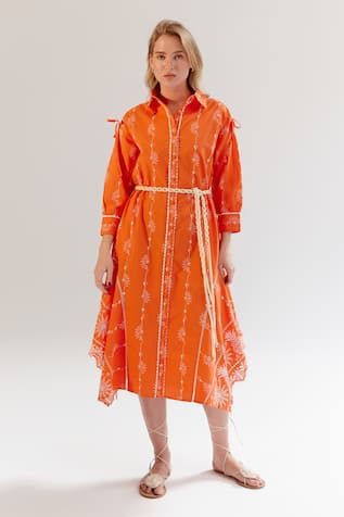 NOIB Orange Thread Embroidered Midi Dress 