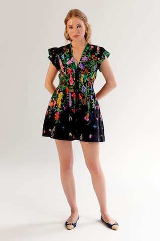 Noib Floral Embroidered Black Dress 