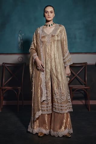 Ridhima Bhasin Gold Pearl Embroidered Kurta Sharara Set 