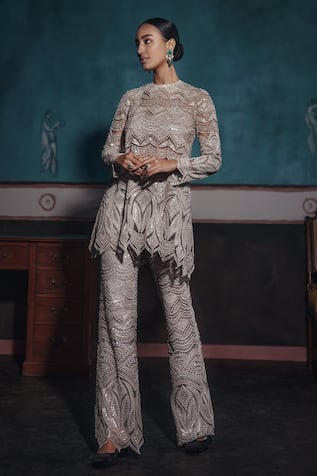 Ridhima Bhasin Embroidered Scallop Cutwork Tunic Pant Set 