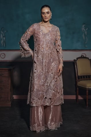 Ridhima Bhasin Beige Cutwork Embellished Kurta & Palazzo Set 