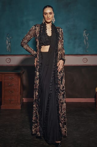 Ridhima Bhasin Black Embellished Pre-Draped Saree & Jacket Set 