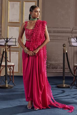 Ridhima Bhasin Fuchsia Layered Frilled Pre-Draped Saree 