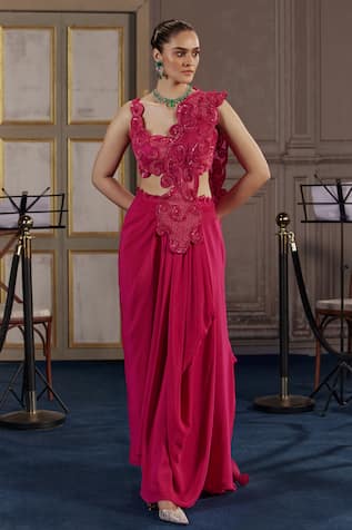 Ridhima Bhasin Fuchsia Cutwork Embellished Pre-Draped Saree 