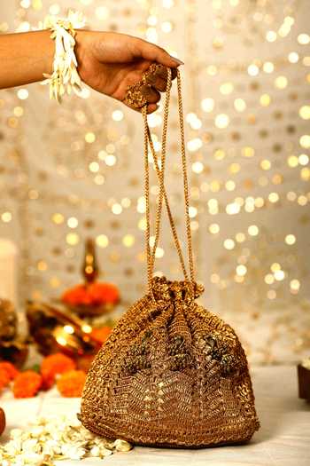 5elements Gold Zari Crochet Potli Bag 