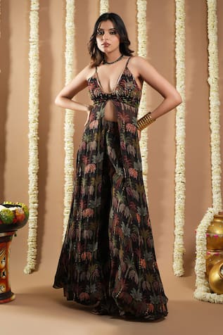 Ahi Clothing Black Botanical Print Backless Kurta Set 