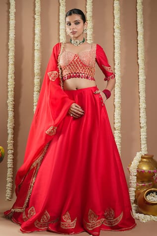 Ahi Clothing Hand Embroidered Red Lehenga Set 