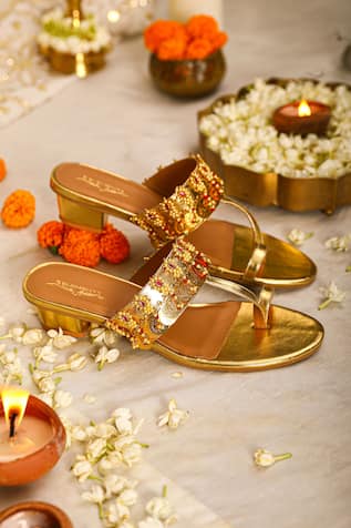 Stone Embellished Gold Kolhapuri Heels 