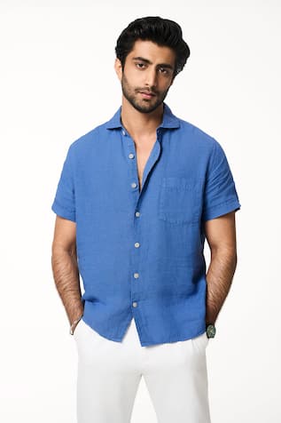 Terra Luna Ocean Blue Linen Half Sleeve Shirt 