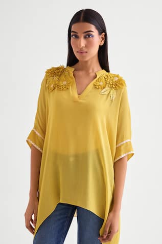 Namrata Joshipura Canary Yellow Applique Floral Asymmetric Tunic 
