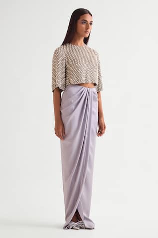 Namrata Joshipura Pearl Embellished Crop Top & Draped Skirt Set 