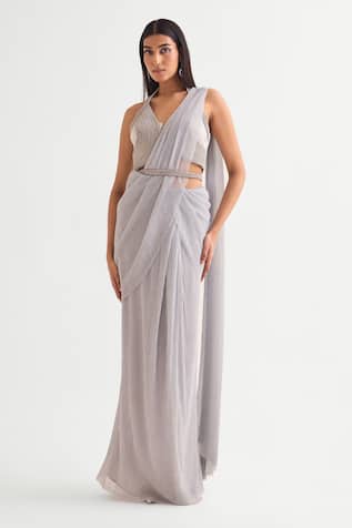 Namrata Joshipura Grey Textured Pre-Draped Saree Set 