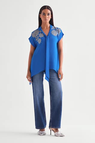 Namrata Joshipura German Blue Sequin Embroidered Top 