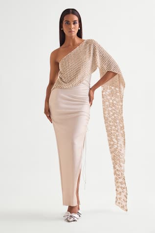 Namrata Joshipura Ivory Pearl Drops One Shoulder Gown 