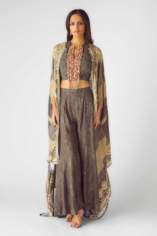 Basanti - Kapde Aur Koffee Beige Geometric Print Cape Sharara Set 