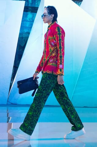 MR. Ajay Kumar Green Zig Zag Print Pant 