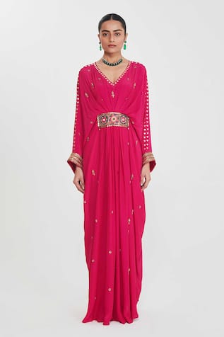 Siddhartha Bansal Rani Pink Pleated Kaftan with Embellishments 