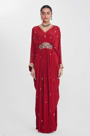 Siddhartha Bansal Cherry Red Embroidered Kaftan 