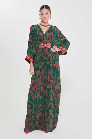 Siddhartha Bansal Royal Green Paisley Floral Kaftan 